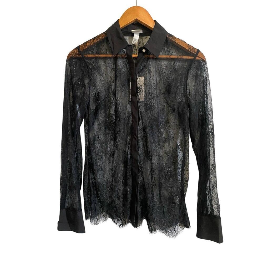 A New Day Black Floral Lace Button Shirt Long Sleeve XS NWT Grunge Goth Fairy